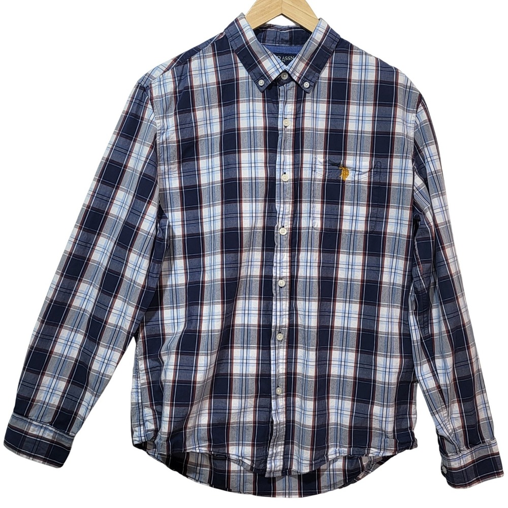 US Polo Assn Mens Plaid Button Down Shirt Navy Blue White Orange Medium